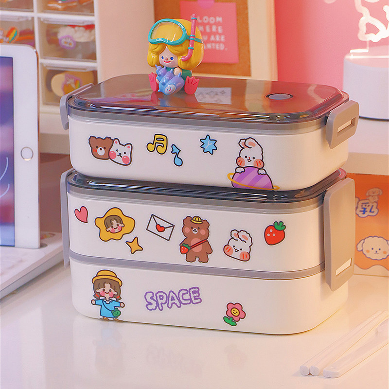 Cute double-layer lunch box Japanese bento box can be microwave heated with tableware office student portable lunch box