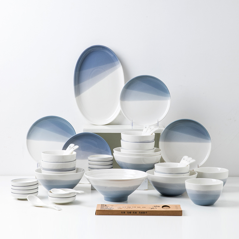 High-value 50-head bowl and plate set A full set of 10-person ceramic tableware for household multi-person bowl and plate combination for the New Year