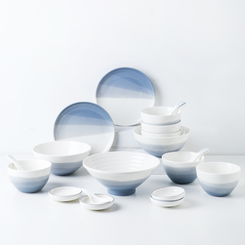 Porcelain Porcelain Creative Ceramic Dish Suit Home Nordic High Face Value Cutlery Brief Bowl tray Mist Sea 21 pieces
