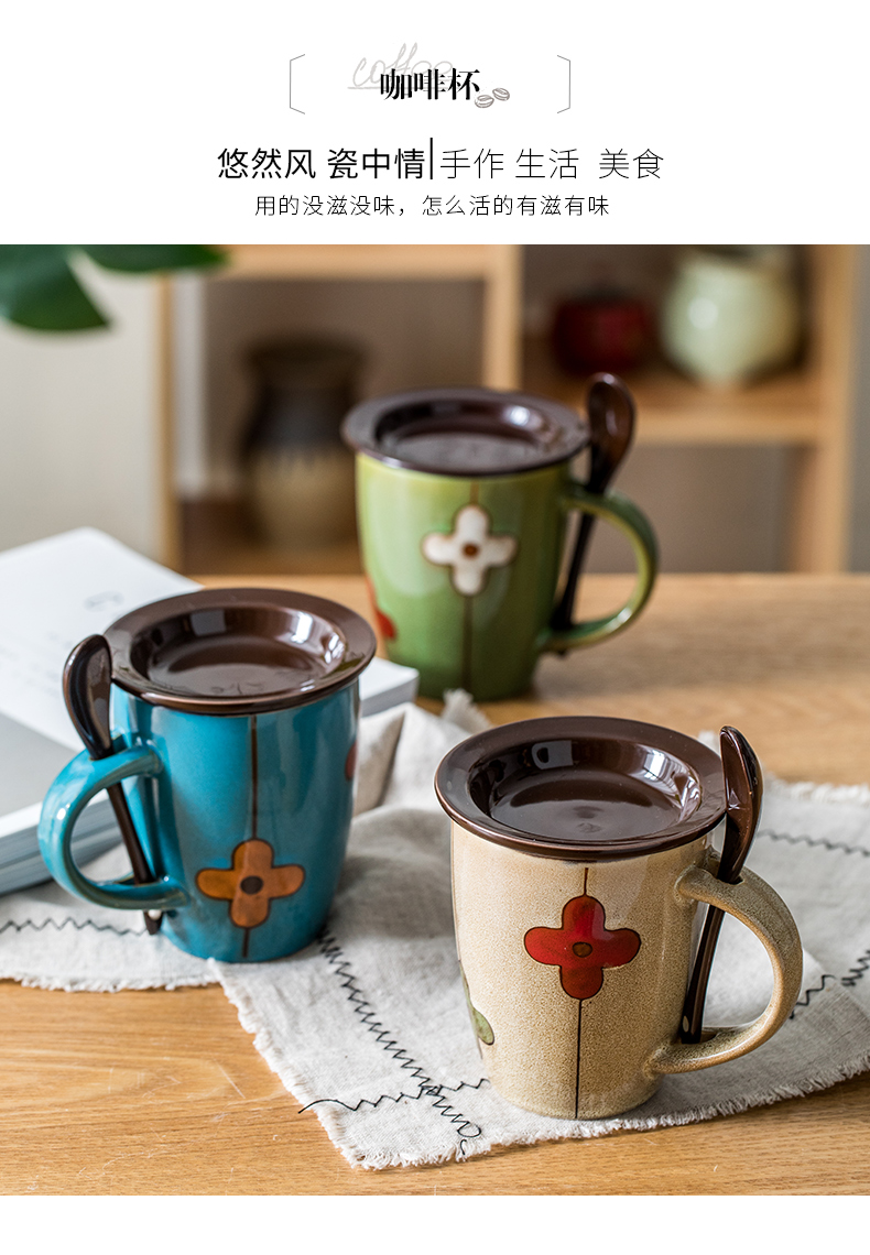 Youcci porcelain flowers move lucky grass leisurely glass ceramic cups with cover with a spoon, keller of coffee cup