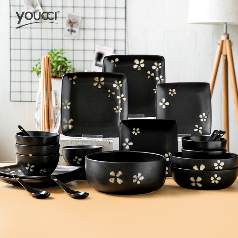 Japanese creative ceramic tableware set home simple light luxury cherry blossom bowls and plates bowls and chopsticks set