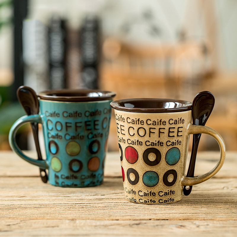 Creative ceramic cup individuality tide restoring ancient ways mugs Japanese contracted glass coffee cup household water cup with a spoon