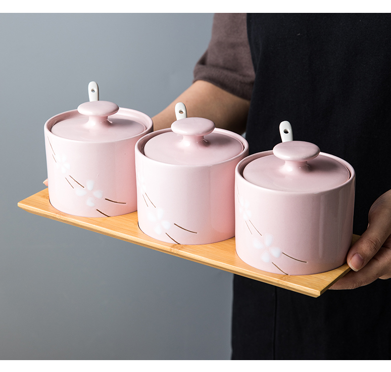 This porcelain Japanese ceramics seasoning as cans combination suit creative household kitchen seasoning salt pot three - piece suit