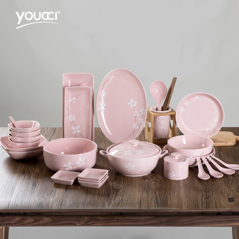 Japanese tableware pink cherry blossom ceramic bowl home dish dish soup noodle bowl large plate fish plate sushi plate rice bowl