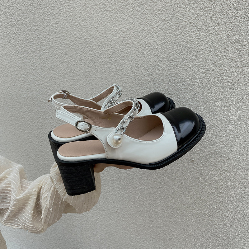 jk shoes retro little fragrant wind roughen heel 2021 new pearls lined with marianne shoes Baotou sandal women