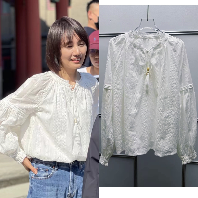 Yuan Quan's Same Style White Heavy Embroidery Lace Loose Long-Sleeve Sun Protection Shirt for Women, Vacation Style Top, Summer 2026 Yuan Quan's Same Style White Heavy Embroidery Lace Loose Long-Sleeve Sun Protection Shirt for Women, Vacation Style Top, Summer 2026