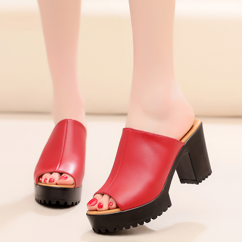 Fish-Mouth High-Heeled Red Slippers for Outer Wear, Versatile Thick-Heeled Waterproof Platform Comfortable Sandals, Large Size 40-43