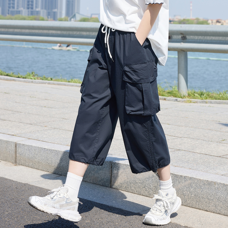 Junior High School Students' Summer Pure Cotton Cropped Pants for Girls, Thin Workwear Pants for Sixth-Grade Girls