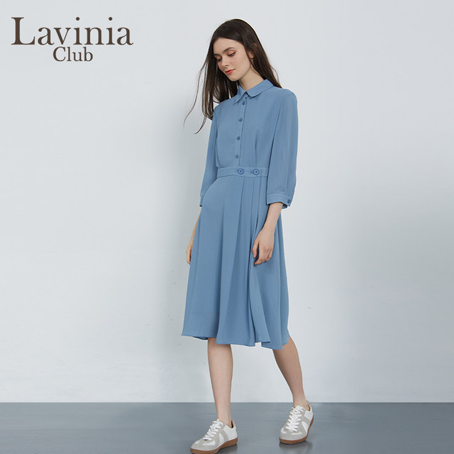 LaviniaClub/Lavinia Spring and Autumn mist dress shirt sleeve three-quarters blue with texture light and see-through ເລັກນ້ອຍສໍາລັບແມ່ຍິງ