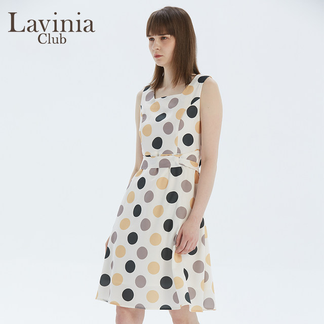 LaviniaClub Lavinia's new summer product temperament polka dot sleeveless neck design dress ອອກແບບຄໍສີ່ຫຼ່ຽມມົນ