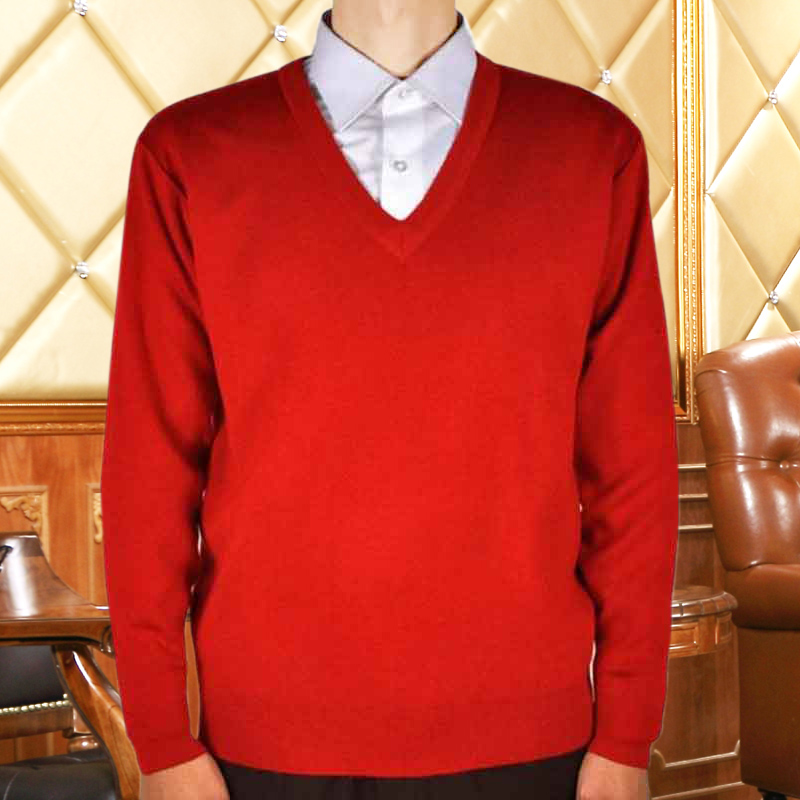 Men's V-neck middle-aged sweater Men's V-neck pullover sweater Big red sweater for the year of life, Dad's solid color