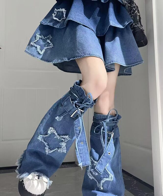 2024 New Y2K Hot Girl Denim Washed Leg Warmers Subculture Star Strap Pants Spliced Socks Mid-Calf Socks 2024 New Y2K Hot Girl Denim Washed Leg Warmers Subculture Star Strap Pants Spliced Socks Mid-Calf Socks