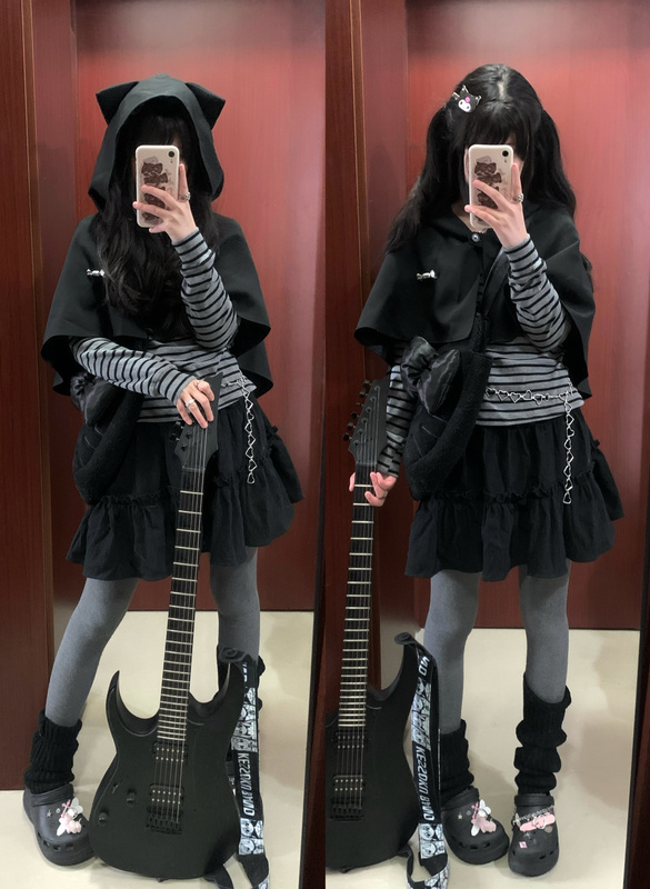 Little Rabbit Velvet Original Design Cat Ear Cape Set Spring Layered Japanese Style Long-Sleeve Striped T-Shirt Two-Piece Set