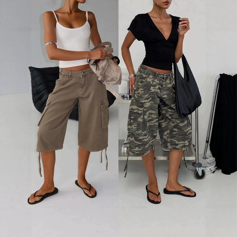 American Retro Pocket Pleated Design Camouflage Cargo Shorts Loose Slimming Wide-Leg Cropped Denim Shorts for Women Summer Style