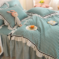 Korean style Princess lace bed skirt four-piece cotton cotton simple hipster plaid bed sheet quilt cover girl heart