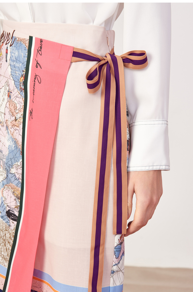 Lily2019春新款女装围裹式,文艺图案,系带设计中长裙半身裙