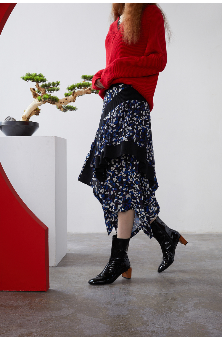 Lily2019春新款女装伞裙轮廓罗纹拼接中长裙伞裙半身裙