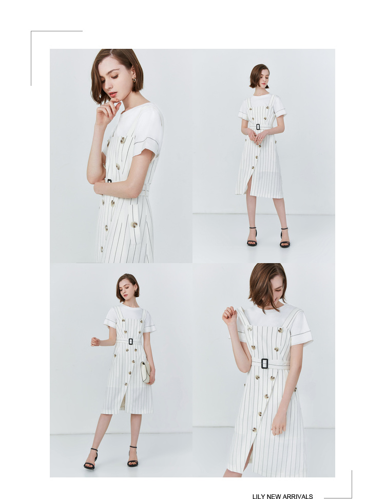 Lily2019 mùa hè mới của phụ nữ khí chất sọc cao thắt lưng chia dây đeo váy 119250C7568 - Váy eo cao váy eo nhún	