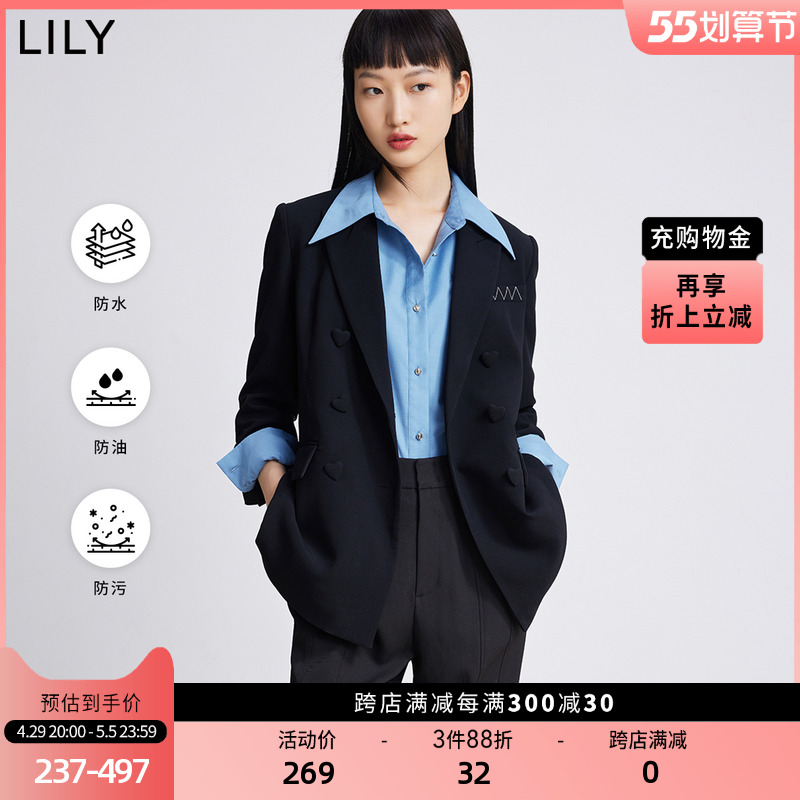 LILY2022 Spring new women's dress waterproof anti-fouling design Feel Loving Buckle Loose commuter black small suit jacket