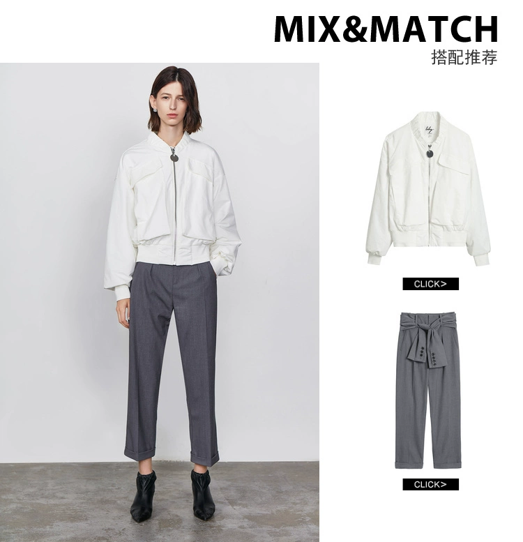 Lily2019 mùa thu mới của phụ nữ kinh doanh thời trang thể thao túi lớn áo trắng bóng chày giản dị 3921 - Áo khoác ngắn áo khoác da nữ