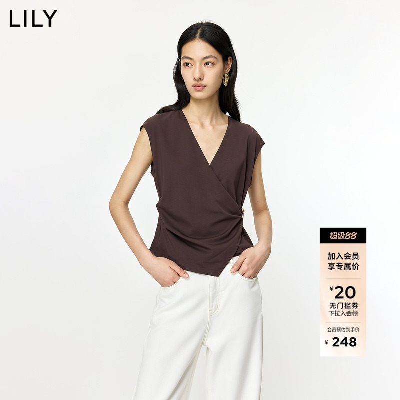 Lily2026 Summer New Design V-Neck Asymmetrical Ruched Waist Short Puff Sleeve Solid Color T-Shirt Top for Women