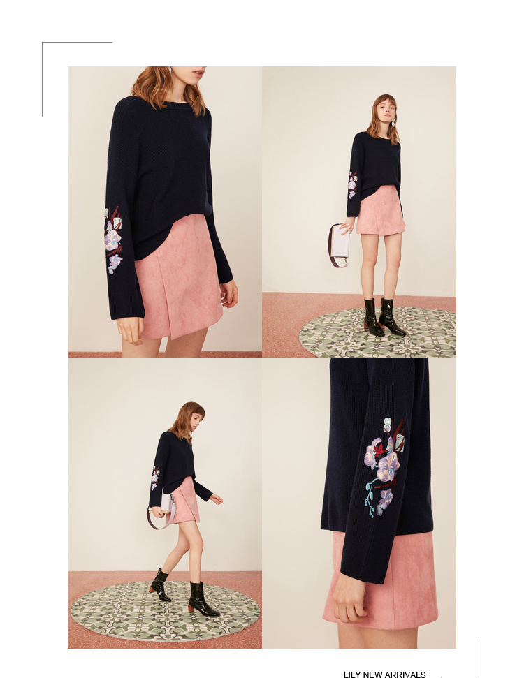 Lily2019 mùa xuân mới của phụ nữ tốt thêu cổ tròn áo len giản dị áo len 119110B8353 - Vòng cổ áo len áo len nữ đẹp