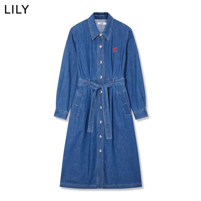 LILY2024 ພາກຮຽນ spring ໃຫມ່ຂອງແມ່ຍິງ retro commuter ຝ້າຍຍາວເສື້ອ denim dress