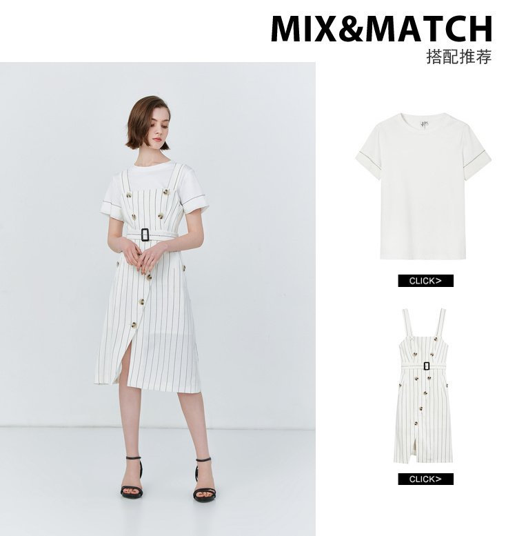 Lily2019 mùa hè mới của phụ nữ khí chất sọc cao thắt lưng chia dây đeo váy 119250C7568 - Váy eo cao váy eo nhún	