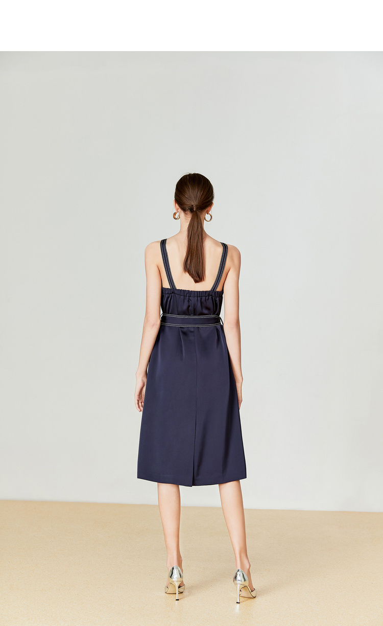 Lily2019 mùa hè mới phụ nữ khí chất dụng cụ thắt lưng thắt lưng Slim navy màu xanh có thể tháo rời dây đeo 7984 - Váy eo cao 	váy suông cột dây eo