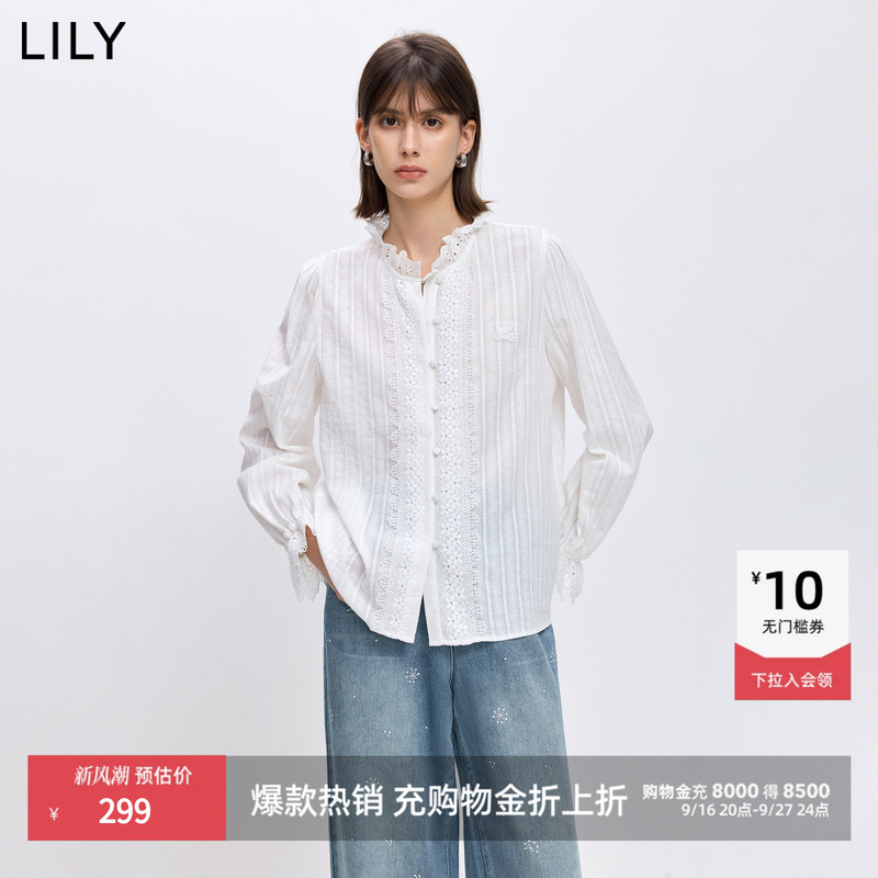 Lily2026 New Autumn Style Women's French Style Pure Cotton Stand-Up Collar Blouse Lace Shirt White Long-Sleeved Shirt Lily2026 New Autumn Style Women's French Style Pure Cotton Stand-Up Collar Blouse Lace Shirt White Long-Sleeved Shirt