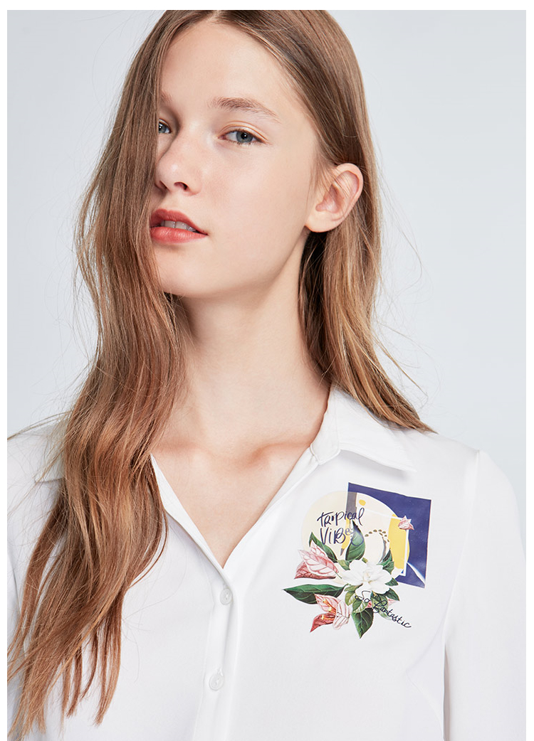 Lily新款女装商务通勤OL翻领印花长袖衬衫117419C4915