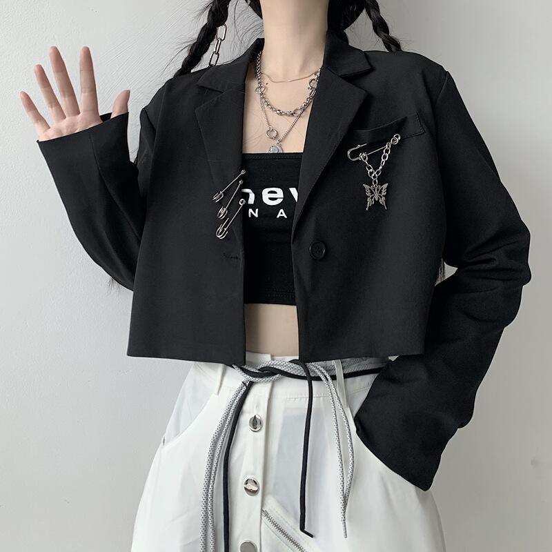 Spring and Autumn Black Trendy Blazer for Women, Unique Design, Loose Fit, Short Style, High-Waisted, Petite Women's Suit Jacket
