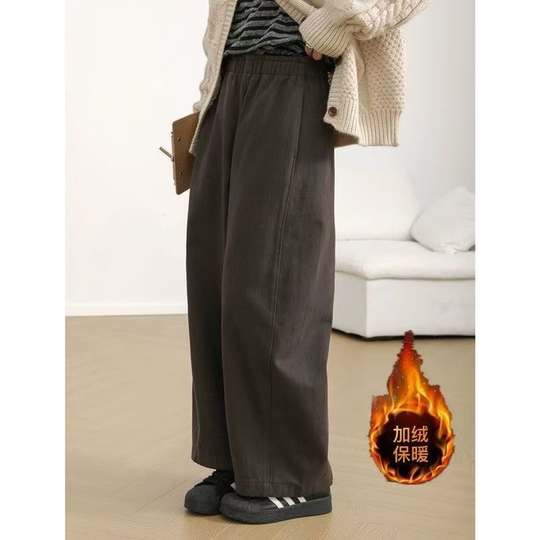 American retro brown casual pants for women in autumn and winter plus velvet high waist loose slimming straight pants elastic wide leg scimitar pants