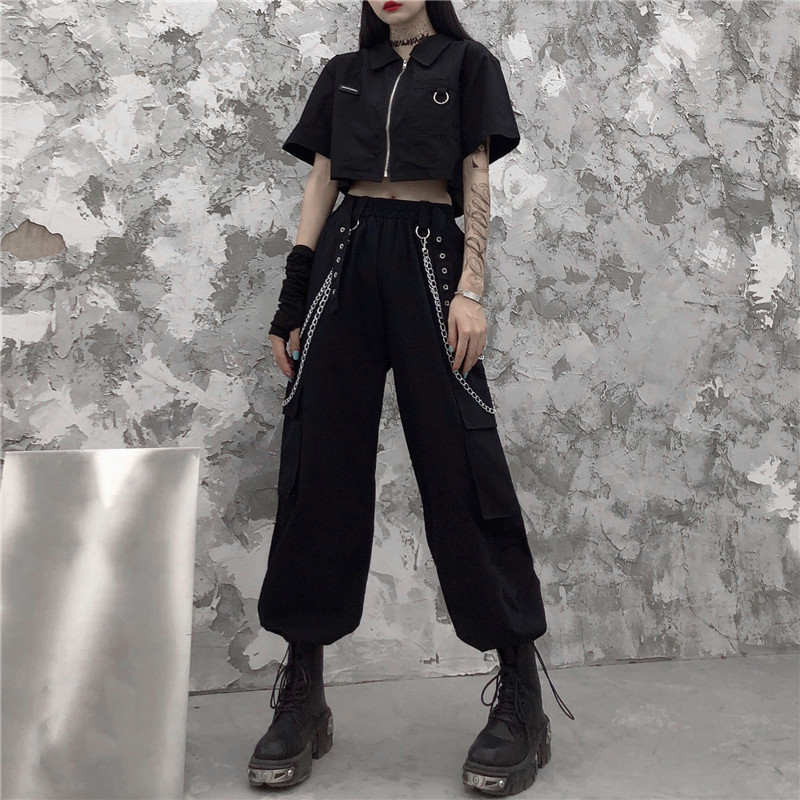 Short-Sleeved Shirt for Women, New 2024 Summer Hong Kong Style, Zip-Up Short Workwear Top, Loose Casual Jogger Pants, Trendy