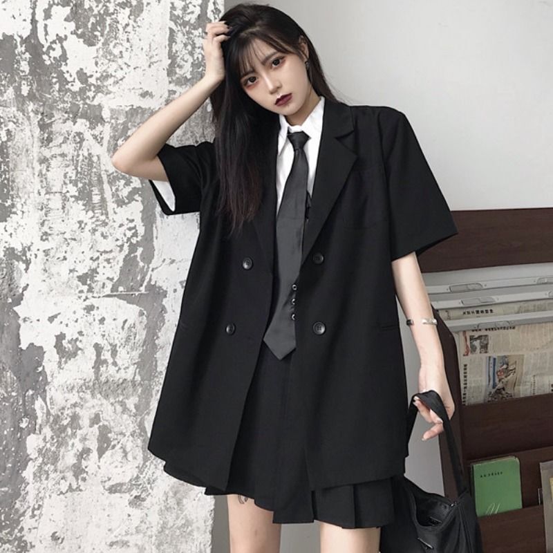 Women's Tops 2025 New Summer Korean Style ins Loose Black Half-Sleeve Blazer Short-Sleeve Thin Jacket Trendy Women's Tops 2025 New Summer Korean Style ins Loose Black Half-Sleeve Blazer Short-Sleeve Thin Jacket Trendy