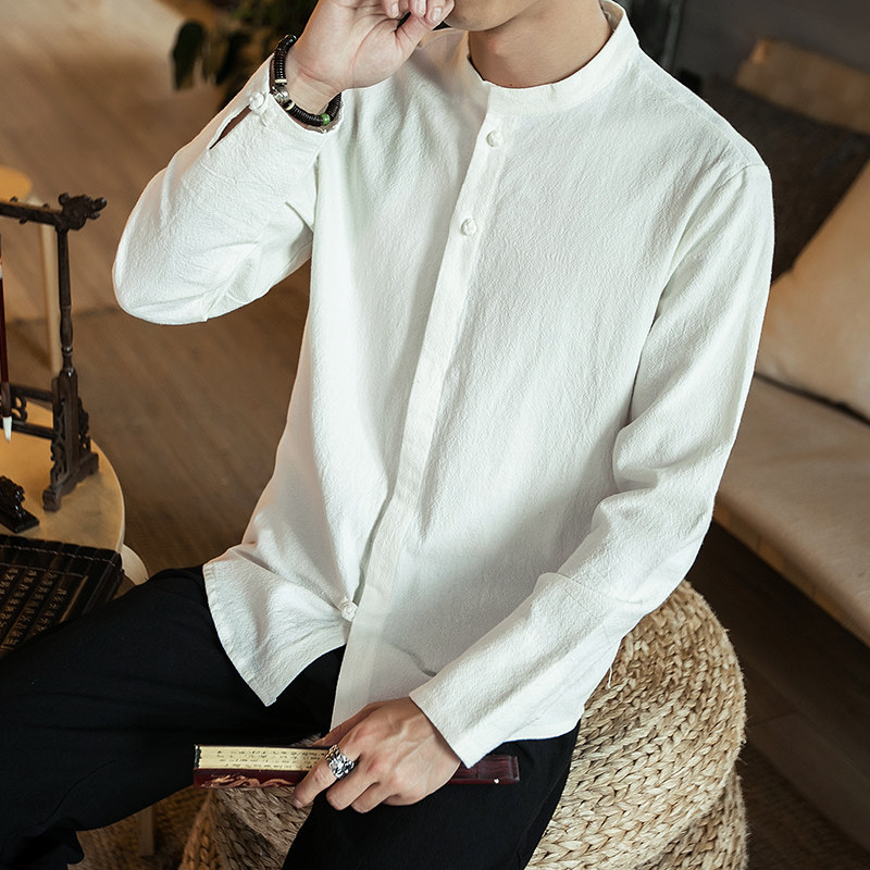 China Wind Men's Clothing Ancient Wind Daily Clothing Cotton Linen White Shirt Male Long Sleeve Retro Disc Buckle Shirt Fat size Size Tide