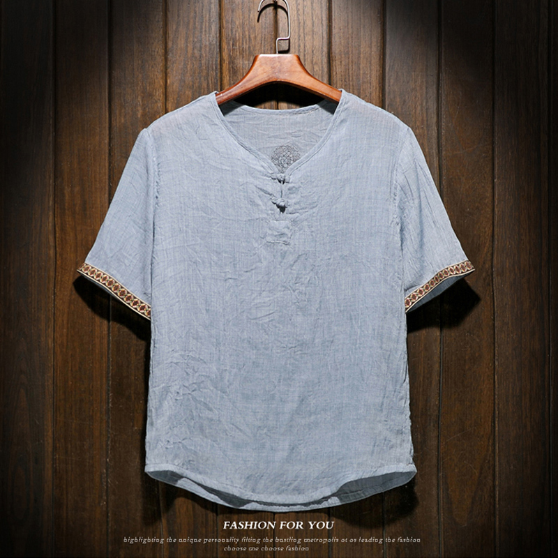 Chinese style men's linen T-shirt men's short-sleeved loose large size cotton linen clothes Chinese-style linen button clothes
