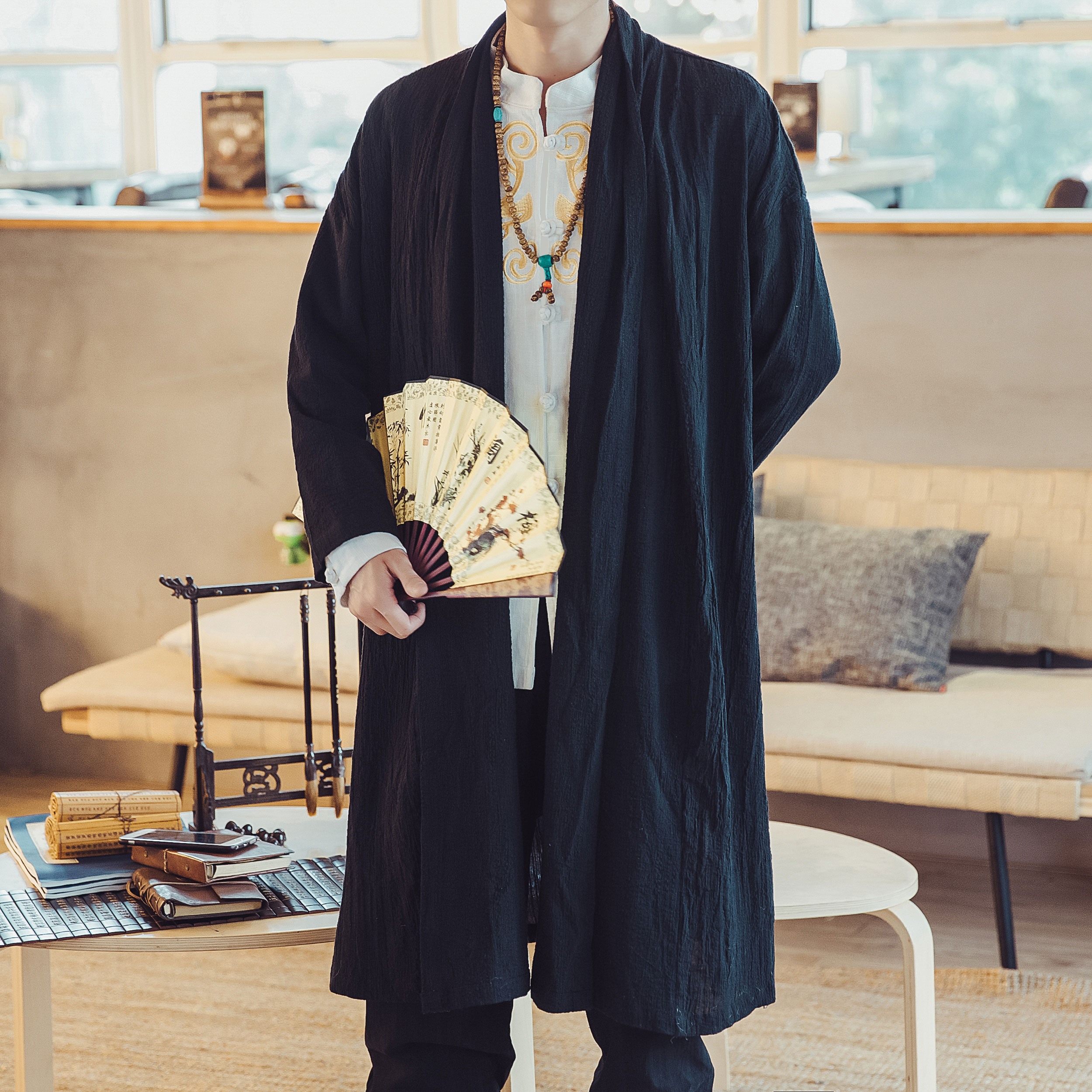 Chinese style mid-length Zen suit men's retro robe cotton linen cardigan coat large size cape loose men's trench coat autumn