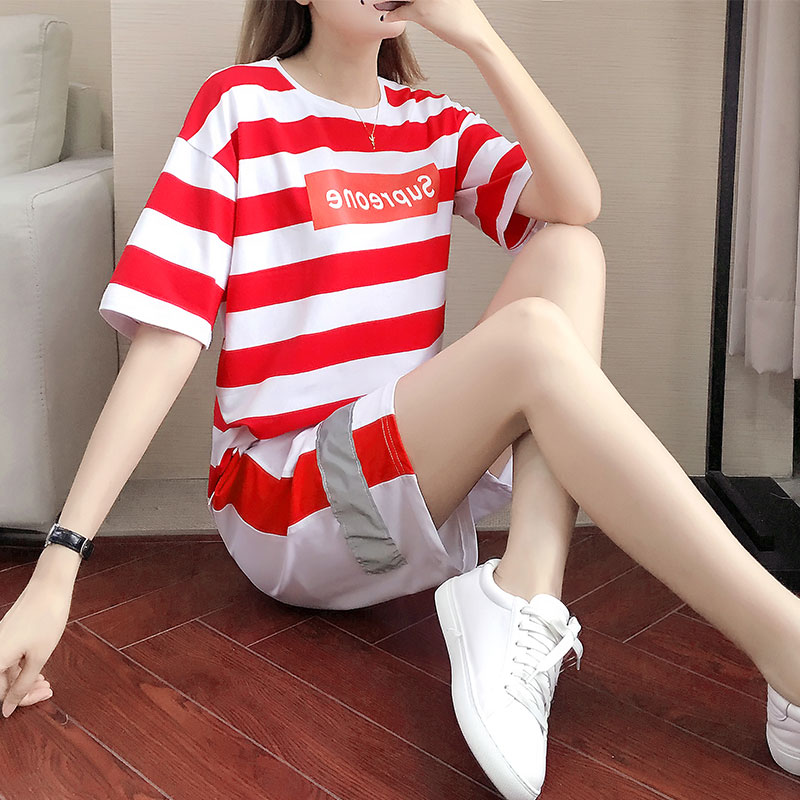 Striped Short Sleeve Sports Suit Women Summer 2022 Fashion Shorts Korean Version Boomer Loose Running Two Sets Casual Display Slim