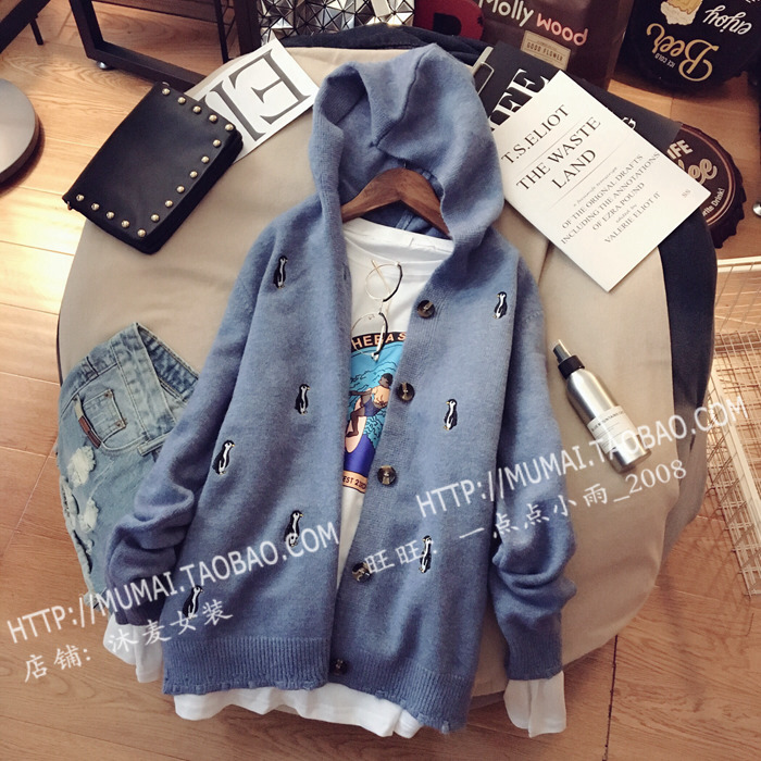 Mu Mai Women Áo dài tay thêu thêu cardigan Áo khoác nữ 2018 Thu mới Trùm đầu các kiểu áo len