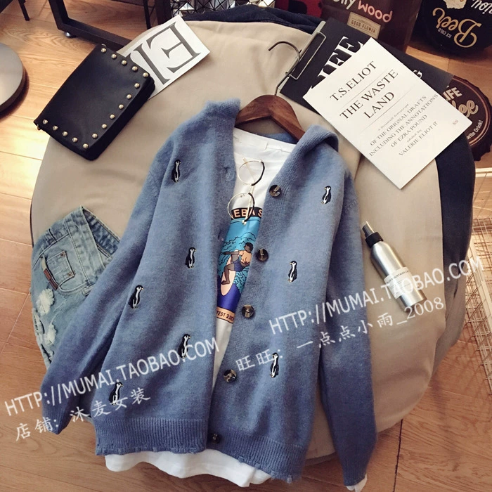 Mu Mai Women Áo dài tay thêu thêu cardigan Áo khoác nữ 2018 Thu mới Trùm đầu áo len tay phồng