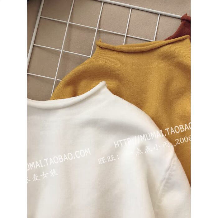 Mu Mai Womens Thời trang Hàn Quốc đơn giản màu hoang dã dài tay uốn xoăn đan áo sơ mi chạm đáy áo len nữ mỏng áo thun form rộng