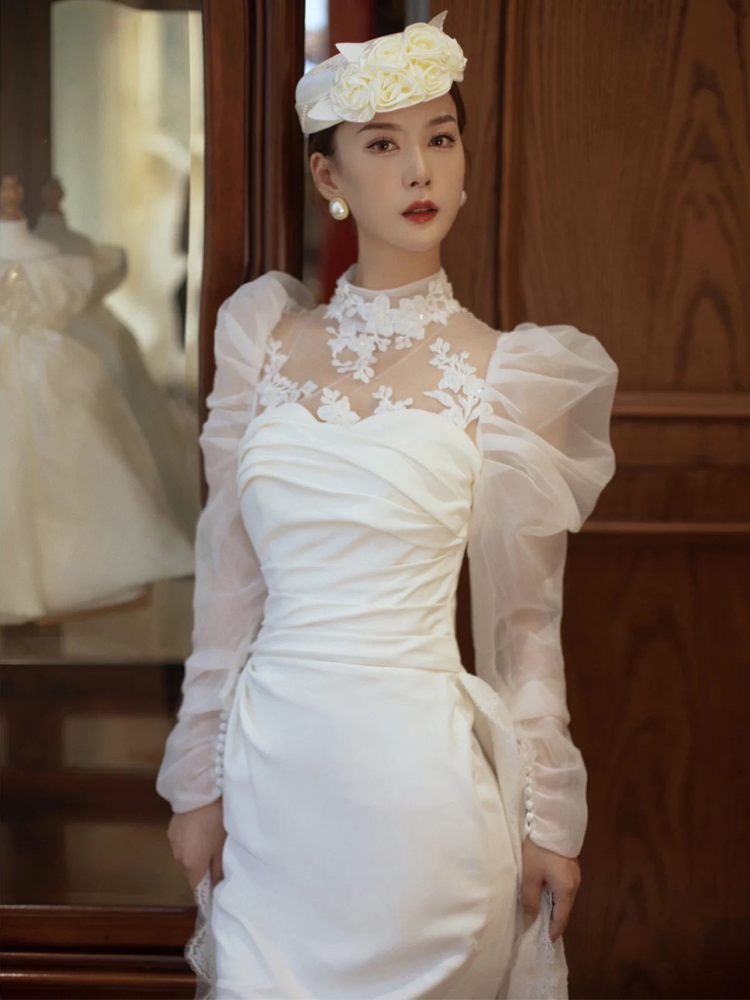 Retro cocktail wedding dress for princess, French retro style, long sleeve, lace dress, puff sleeves Retro cocktail wedding dress for princess, French retro style, long sleeve, lace dress, puff sleeves