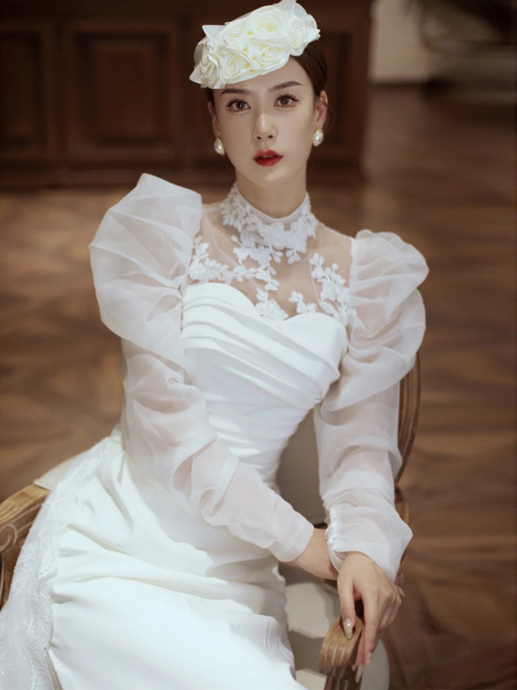 Retro cocktail wedding dress for princess, French retro style, long sleeve, lace dress, puff sleeves Retro cocktail wedding dress for princess, French retro style, long sleeve, lace dress, puff sleeves