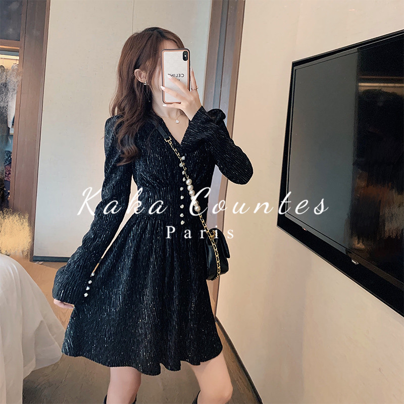 Sandro Moscoloni 2023 new small black skirt retro temperament gold velvet Helber dress