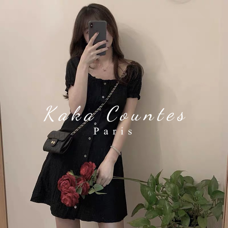 Sandro Moscoloni Herbbon style square collar dress women 2021 Summer new small black dress