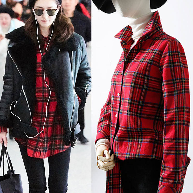 Red Plaid Shirt for Women, Long-Sleeved, Spring and Autumn, Celebrity Style, Layered Shirt, Versatile, Pure Cotton, Brushed Jacket