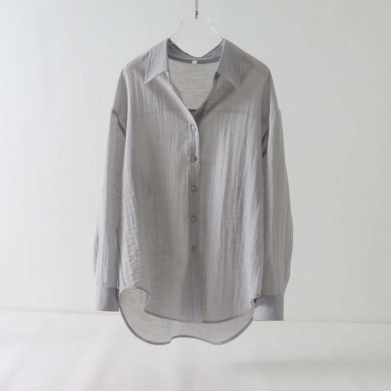 Summer Semi-Sheer Textured Acetate Blend Sun Protection Shirt, Casual Loose Gray Versatile Long-Sleeve Shirt for Commuting