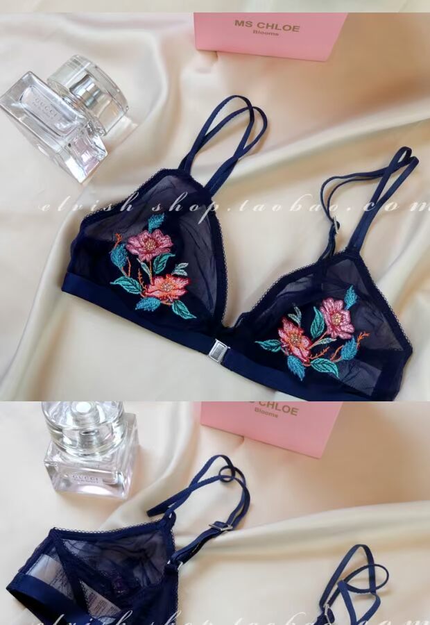 Màu xanh tuyệt đẹp * Thêu Không có dấu vết khóa trước không có vòng thép không va chạm siêu mỏng Bralette bra đồ lót bikini áo nâng ngưc