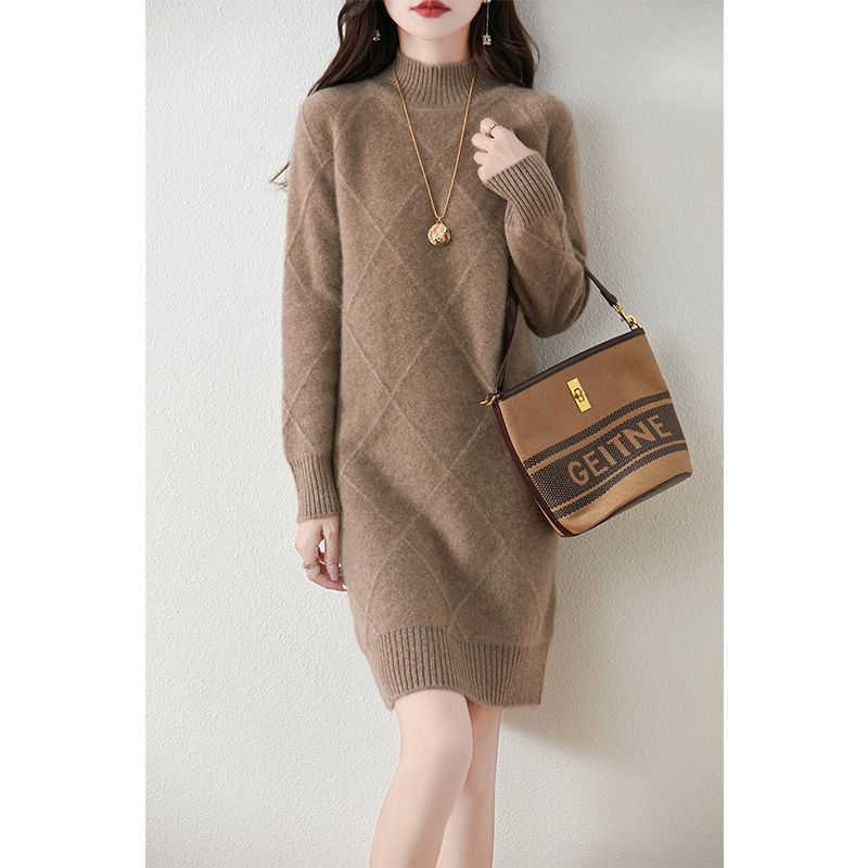 ハーフタートルネック レトロ ダイヤモンド カシミア ドレス レディース 秋冬 ゆったり 100% ウール セーター ニット ミドル丈 セーター ドレス